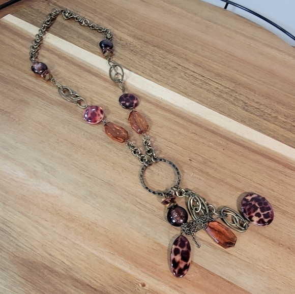 Antique Bronze Metal Statement Necklace with Amber beads and Chain Tassels Boho - Picture 7 of 17